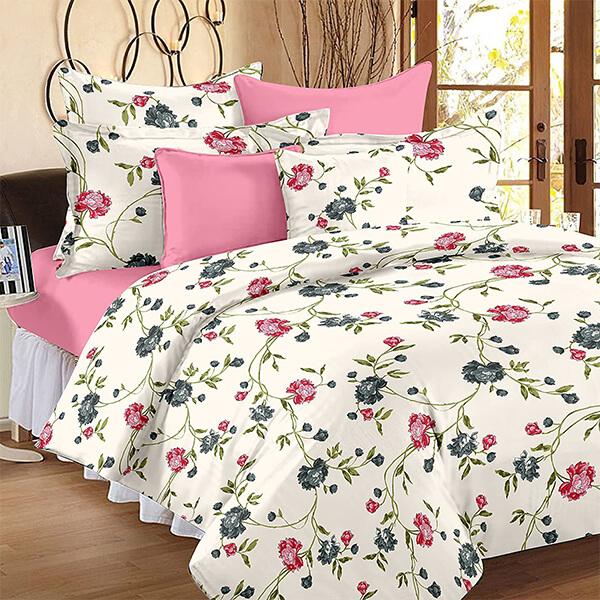 Cream, Pink and Green Customized Cotton Comfort 144 TC Floral King Size Bedsheet with 2 Pillow Covers (9 ft x 9 ft)