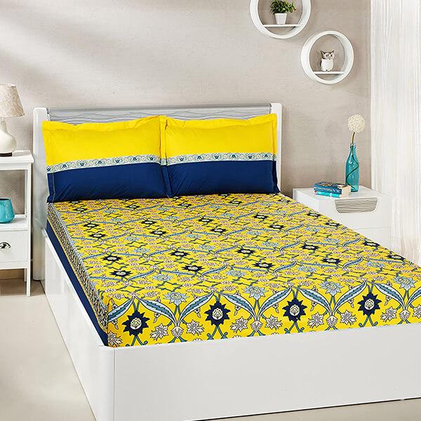 Yellow and Navy Blue Double Bedsheet with 2 Pillow Covers