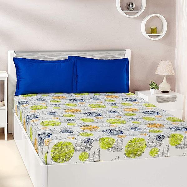 Blue Green Customized Double Bedsheet with 2 Pillow Covers