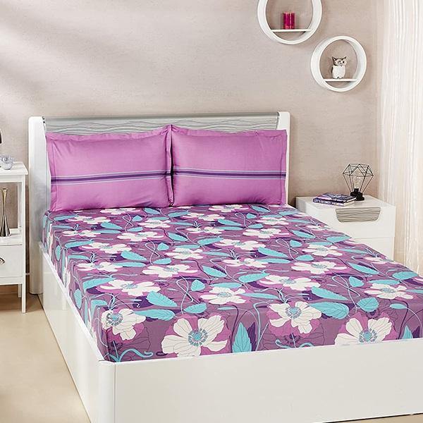Purple Customized Cotton Double Bedsheet with 2 Pillow Covers