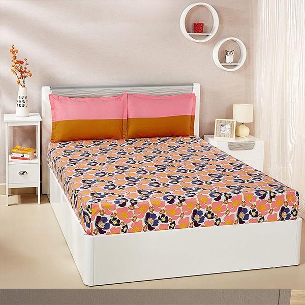 Pink Customized Floral Double Bedsheet with 2 Pillow Covers