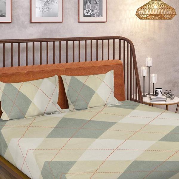 Beige and Green Customized Double Bedsheet with 2 Pillow Covers