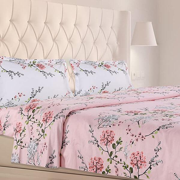 Pink Floral Customized Double Bedsheet with 2 Pillow Covers, Size -100'' x 90''