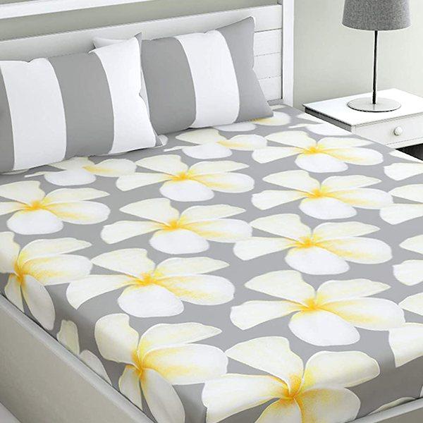 White & Grey Floral Customized Double Bedsheet with 2 Pillow Cover