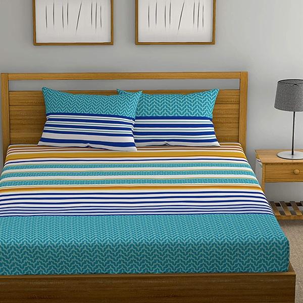 Blue and Yellow Stripes Customized King Size Bedsheet with 2 Pillow Covers (9ft x 9ft)