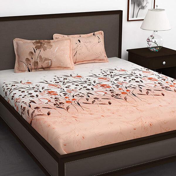 White and Peach Customized Modern & Luxurious King Size Bedsheet and 2 Pillow Covers