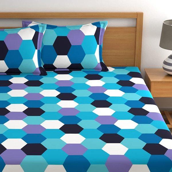 Geometric Blue Customized Double Bedsheet with 2 Pillow Covers (7.3ft x 8.2ft)