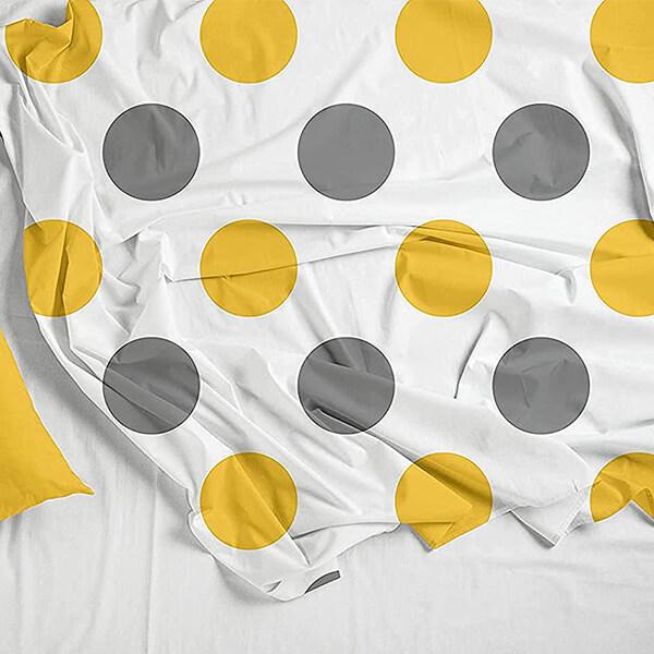 Yellow and Grey Customized Polka Dots King Size Bedsheet with 2 Pillow Covers