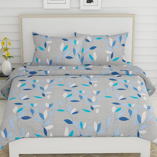 Blue Leaves Customized Double Bedsheet with 2 Pillow Covers