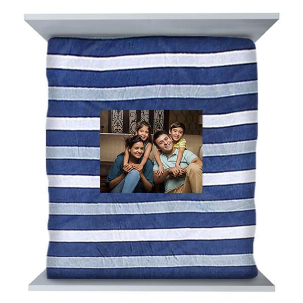 Blue Striped Customized Soft Fleno King Size Double Bedsheet with 2 Pillow Covers