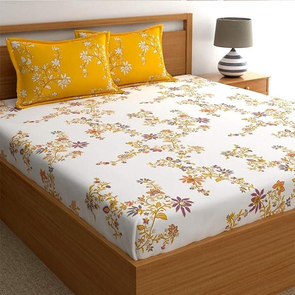 Yellow Floral Double Bedsheet with 2 Pillow Covers