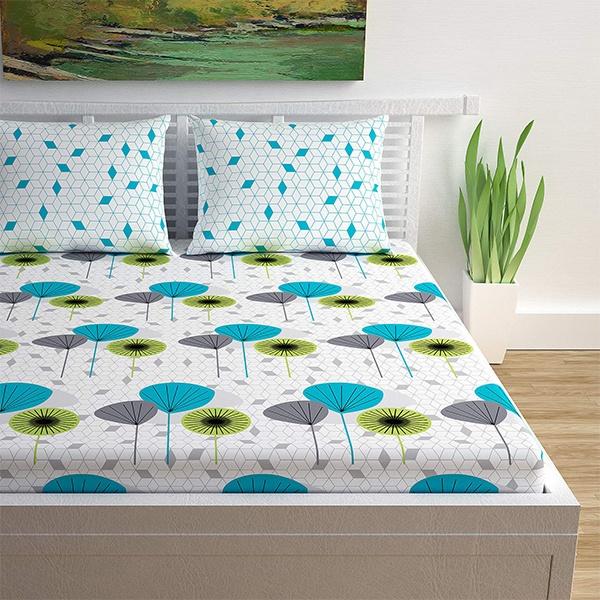 Turquoise Geometric Print Customised Bed Sheet with 2 Pillow Covers