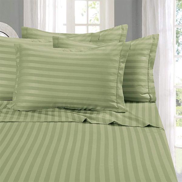 Olive Green Customized Silk Satin Stripes Double Bed Super King Size Bedsheet with 2 Pillow Covers
