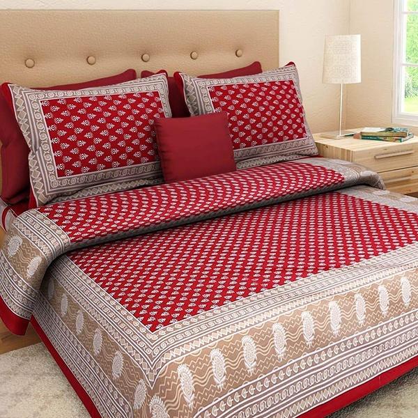 Red Customized Rajasthani Print King Size Bedsheet with 2 Pillow Covers