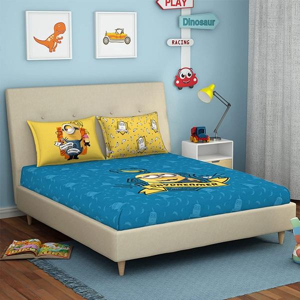 Blue Customized Minions Design Double Bedsheet with Pillow Covers