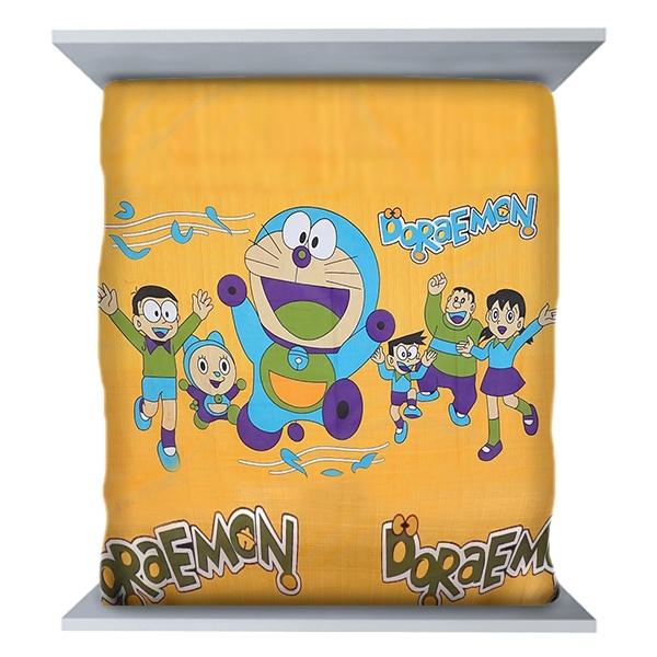 Yellow Customized Doraemon Cartoon Print King Size Bedsheet with 2 Pillow Covers