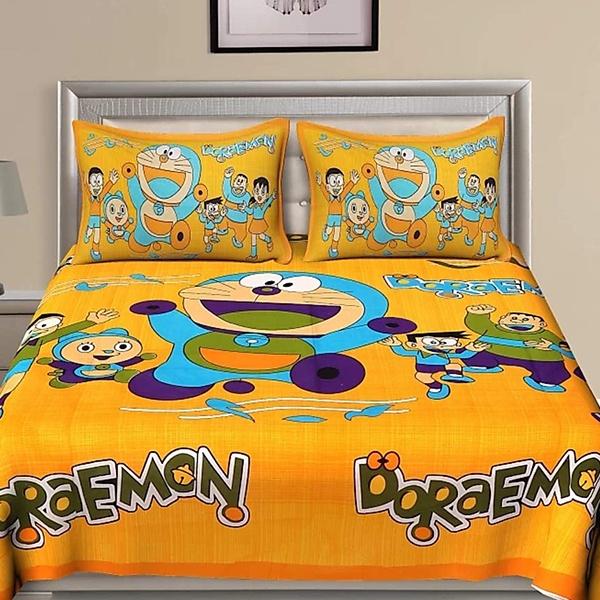 Yellow Customized Doraemon Cartoon Print King Size Bedsheet with 2 Pillow Covers