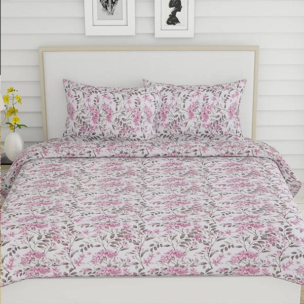 White Pink Customized Floral Double Bedsheet with 2 Pillow Covers