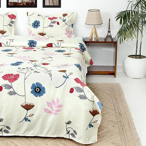 Flower Design Customized Soft Satin Double Bed Sheet with 2 Pillow Covers