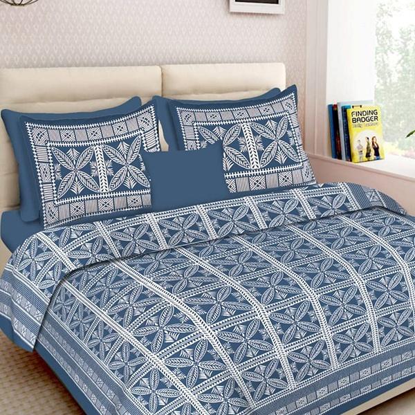 Blue Customized Rajasthani Traditional King Size Double Bedsheet with 2 Pillow Covers