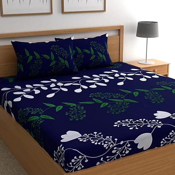 Blue Floral Design Customized Double Bedsheet with 2 Pillow Covers