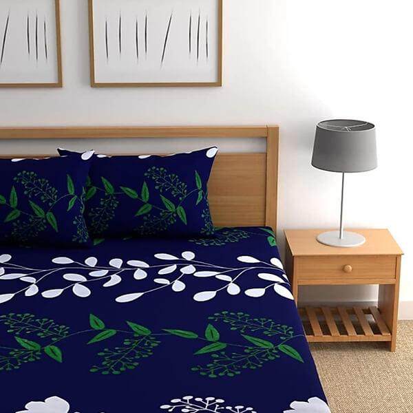 Blue Floral Design Customized Double Bedsheet with 2 Pillow Covers