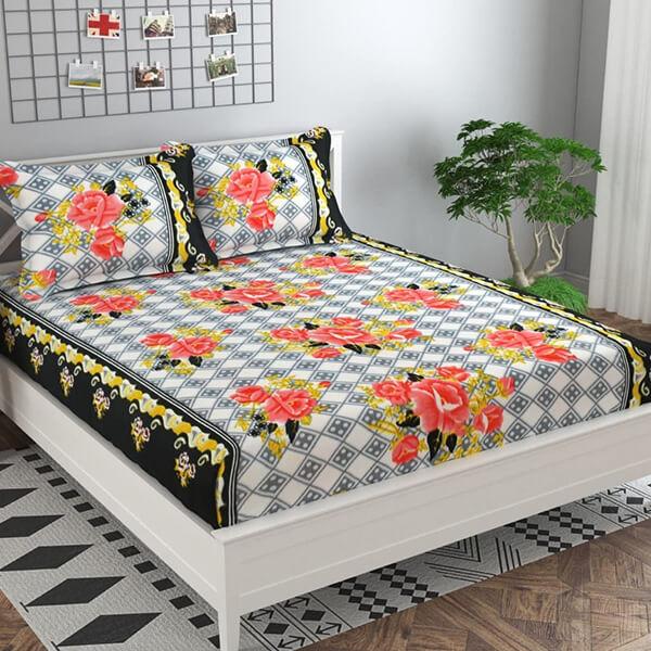 Grey Floral Customized  Double Bed Sheet / Bedcover with 2 Pillow Covers