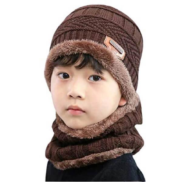 Brown Customized Warm Cap & Neck Scarf for Kids (>12 Years)