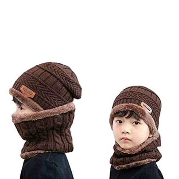 Brown Customized Warm Cap & Neck Scarf for Kids (>12 Years)