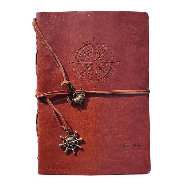 Brown Customized PU Leather Travel Notebook Journal Blank Notebook With Shipwheel & Anchor Metal Charms Diary