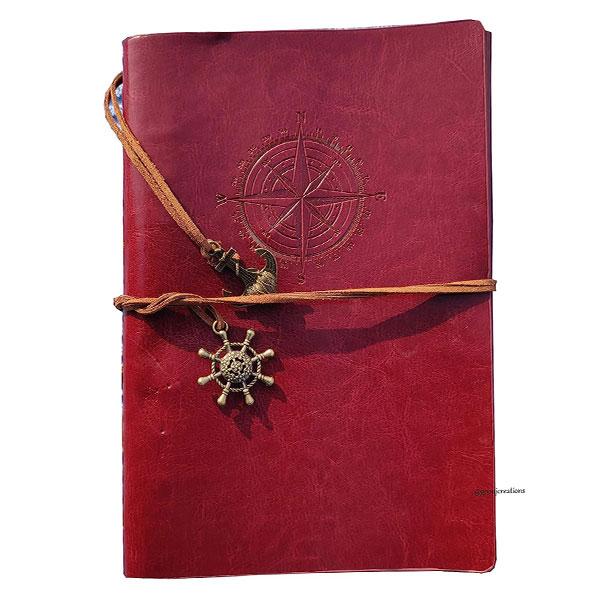 Red Customized Vintage PU Leather Travel Diary Journal with Shipwheel and Anchor