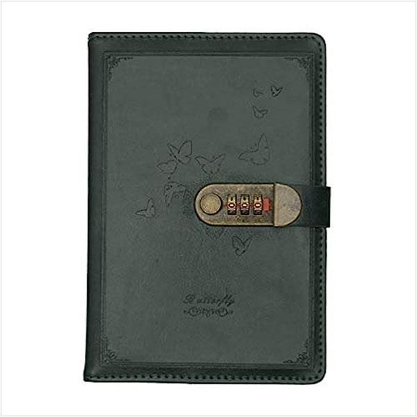Green Customized 230 Pages Diary Notebook with Number Combination Lock & PU Leather Cover (22x15 cm)