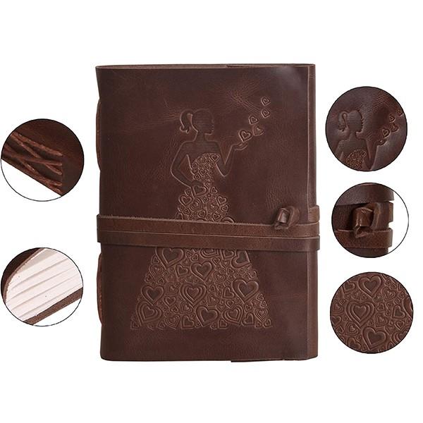 Dark Brown Customized Leather Vintage Diary, Princess with Heart Embossed (5 × 7 inch, Unlined Paper)