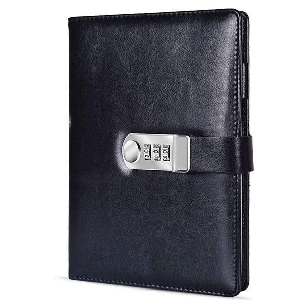 Black Customized Undated Leather Notebook Diary with Lock A5 Size Combination Lock Password - 200 Pages