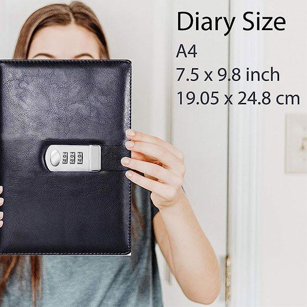Black Customized Undated Leather Notebook Diary with Lock A5 Size Combination Lock Password - 200 Pages