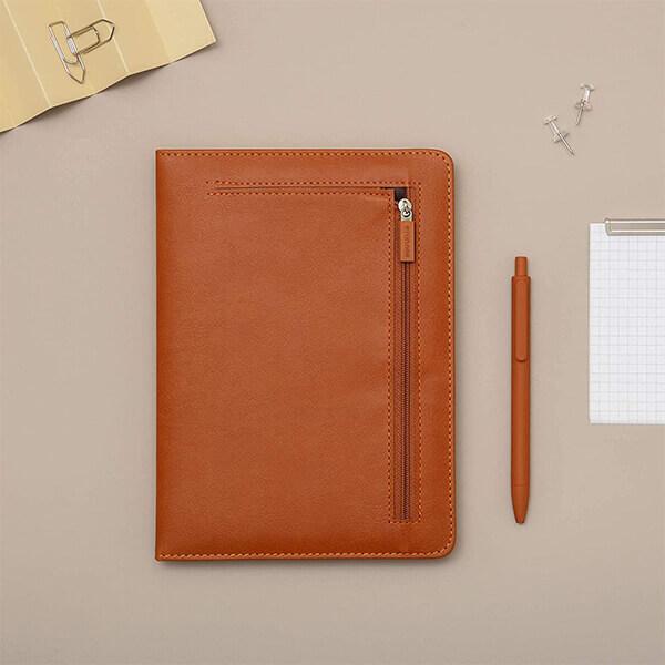 Ochre Brown Customized A5 Faux Leather Hardbound Diary With Stylish Expandable Pocket