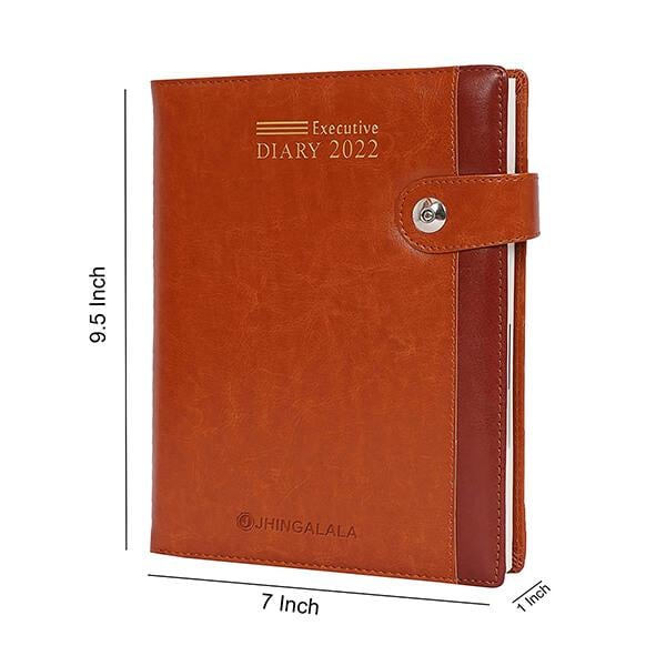 Brown Customized PU Leather Finish Hard Bound Executive Notebook Diary 2022, Magnetic Button Lock, Size 9.5 x 7 Inches, 80 GSM, 365 Pages