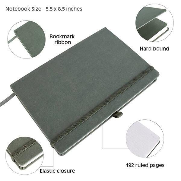 Grey Customized PU Leather Hardbound A5 Executive Diary With Pen Loop, Elastic Closure And Bookmark For Office And Personal Use, 192 Ruled Pages