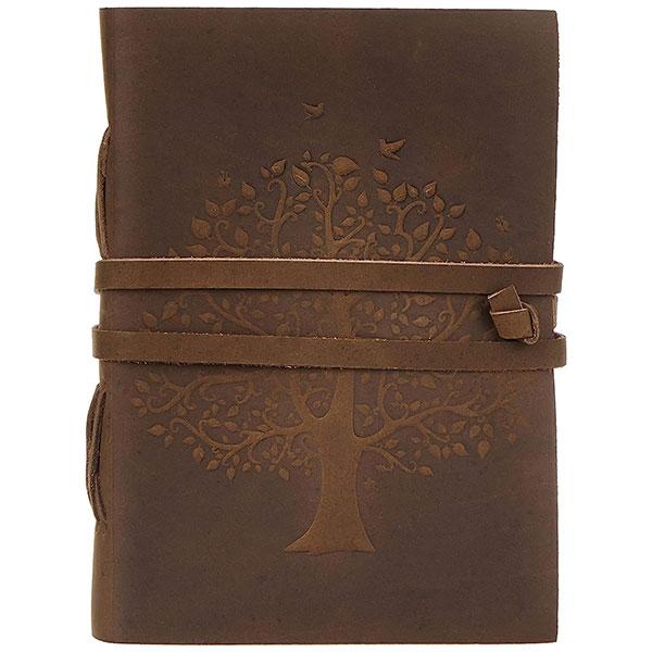 Dark Brown Customized Leather Diary Embossed with a Tree Design, Vintage Deckle Edge Paper for Sketching, Scrapbooking, Drawing, Writing