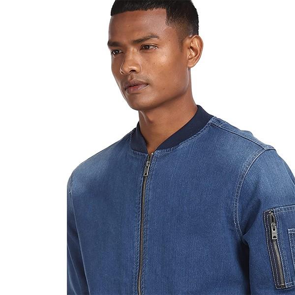 Blue Customized Men's Stand Collar Stone Wash Denim Jacket