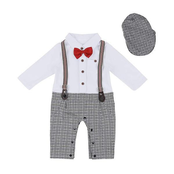 Grey Customized Cotton And Polyester Suspender Style Bow Applique Romper For Ages 6-9 Months