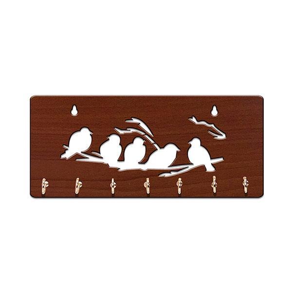 Brown Customized Key Holder for Home | Wall Stylish Key Stand | Key Hanger | Key Chain Holders for Wall (7 Hooks, 5 Birds)