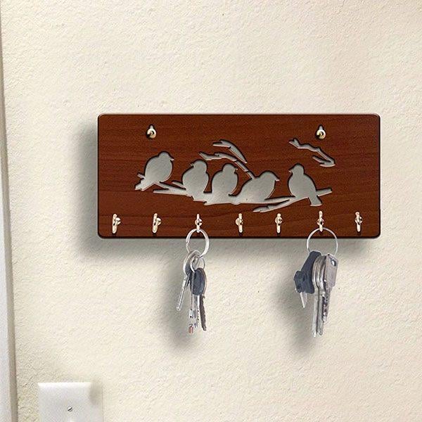 Brown Customized Key Holder for Home | Wall Stylish Key Stand | Key Hanger | Key Chain Holders for Wall (7 Hooks, 5 Birds)