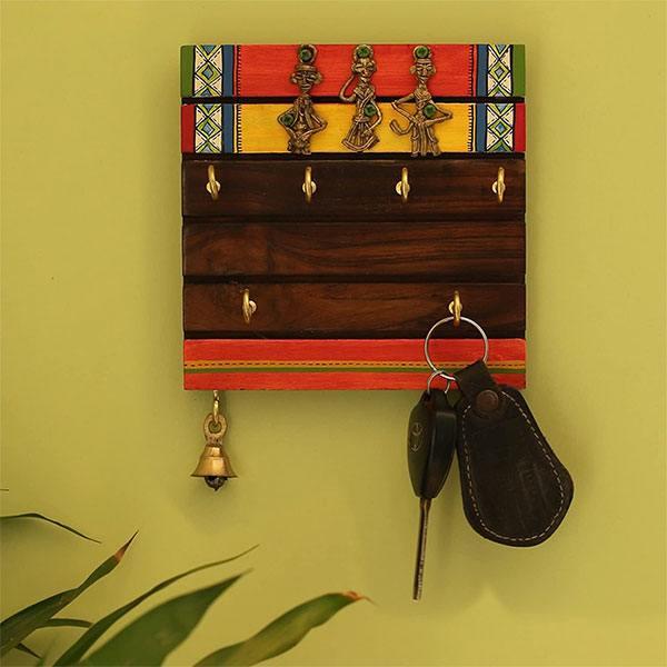 Brown Customized Home Decorative Wooden Key Holder for Home Décor Stylish (6 Hooks, Sheesham Wood, Warli Hand Painted)