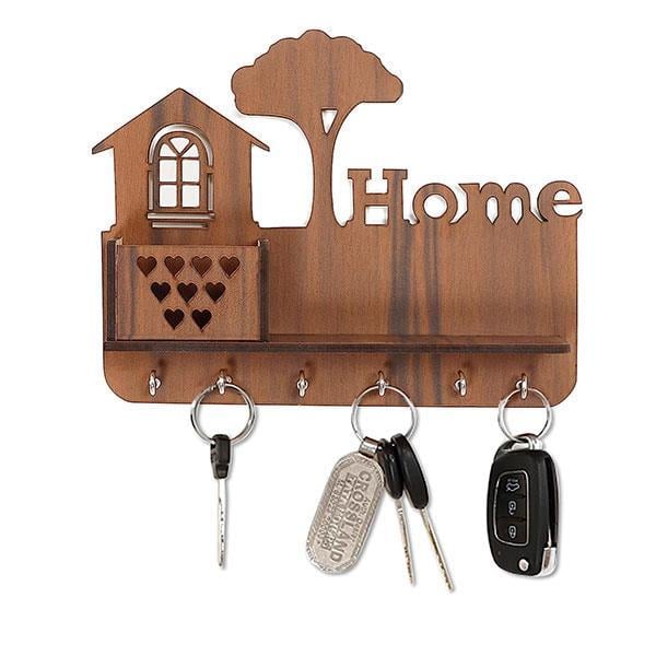 Brown Customized Crafts MDF Wooden Key Holder for Home, Wooden Key Stand for Wall - Key Hanger with 6 Hooks