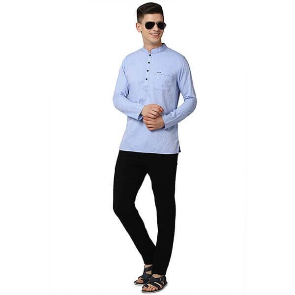 Light Blue Customized Peter England Men's Cotton Blend Regular Kurta Shirt