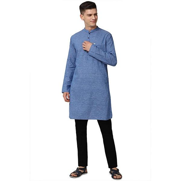 Blue Customized Men's Cotton Blend Regular Kurta Shirt