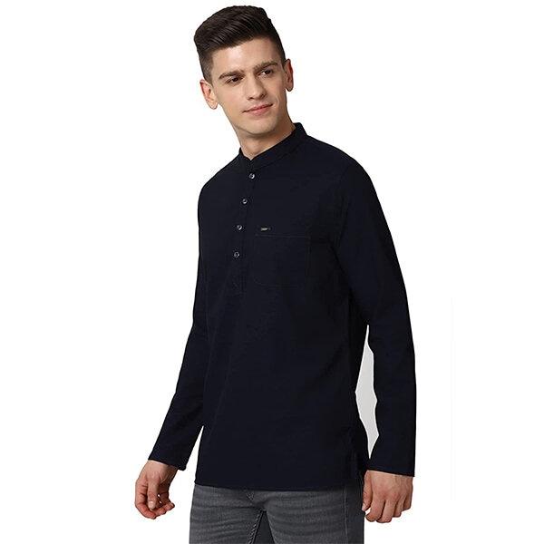 Navy Blue Customized Peter England Men's Cotton Blend Regular Kurta Shirt