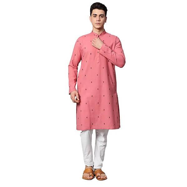 Pink Customized Men's Kurta, Round Neck Full Sleeves Blended Cotton Kurta