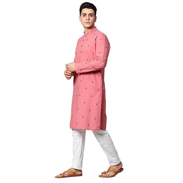 Pink Customized Men's Kurta, Round Neck Full Sleeves Blended Cotton Kurta